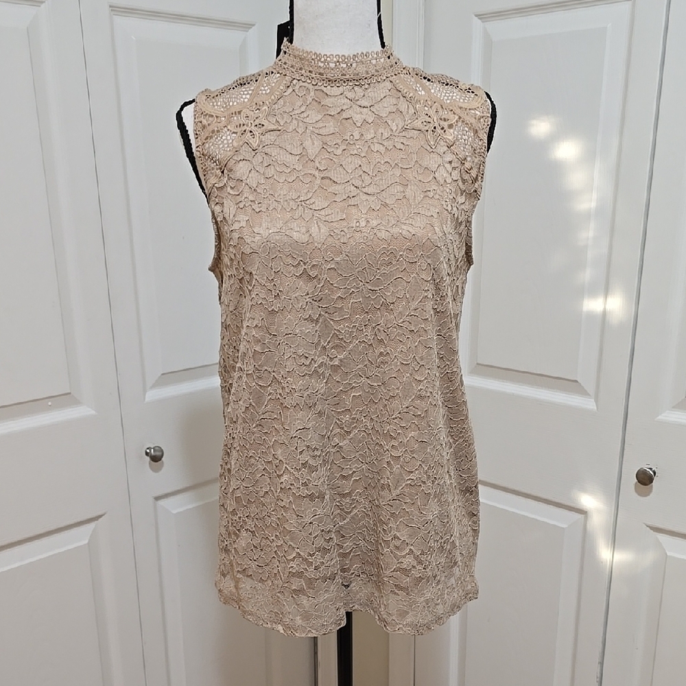 NWT Cable & Gauge Sleeveless Lace Blouse with Mandarin Collar Large